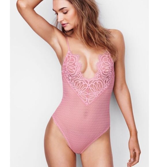 Victoria's Secret Winter Rose Lace and Mesh Blush Pink Bodysuit - Picture 2 of 8